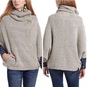 Anthropologie Angel Of The North Womens Boucle Tan Velvet Trim Wool Blend Poncho